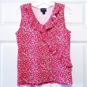 Chaps Red & White Flower Sleeveless Ruffle Blouse